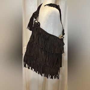 Goldenbleu Handbag Fringe Purse Chocolate Brown Leather Suede Shoulder Bag